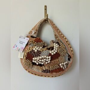 Viral Beaded Brown Cream Wooden made in India Bag